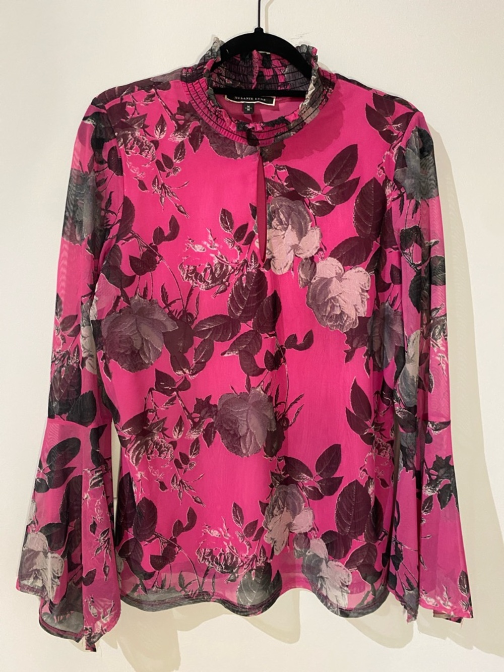 Melanie Lyne Women's Floral Ruffle-Neck Blouse in Hot Pink